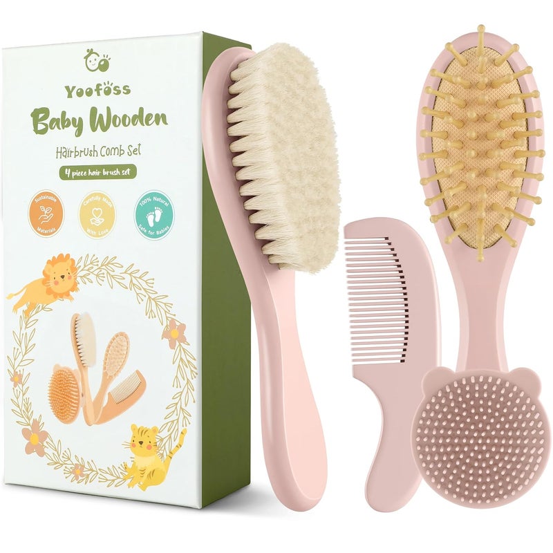 YOOFOSS 4 Piece Baby Hair Brush and Comb Set，Wooden Baby Hair Brush with Natural Ultra Soft Goat Hair, Baby Comb Set for Boy, Girl - Pink - Image 1